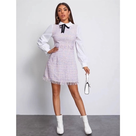 Knotted Detail Frayed Trim 2 In 1 Tweed Dress - Picture 1 of 7